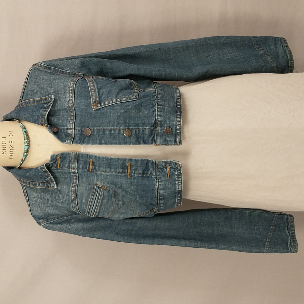 Crop Denim Jean Jacket Short sz Lg Natural Wear 44 Chest some Stretch Mid Wash